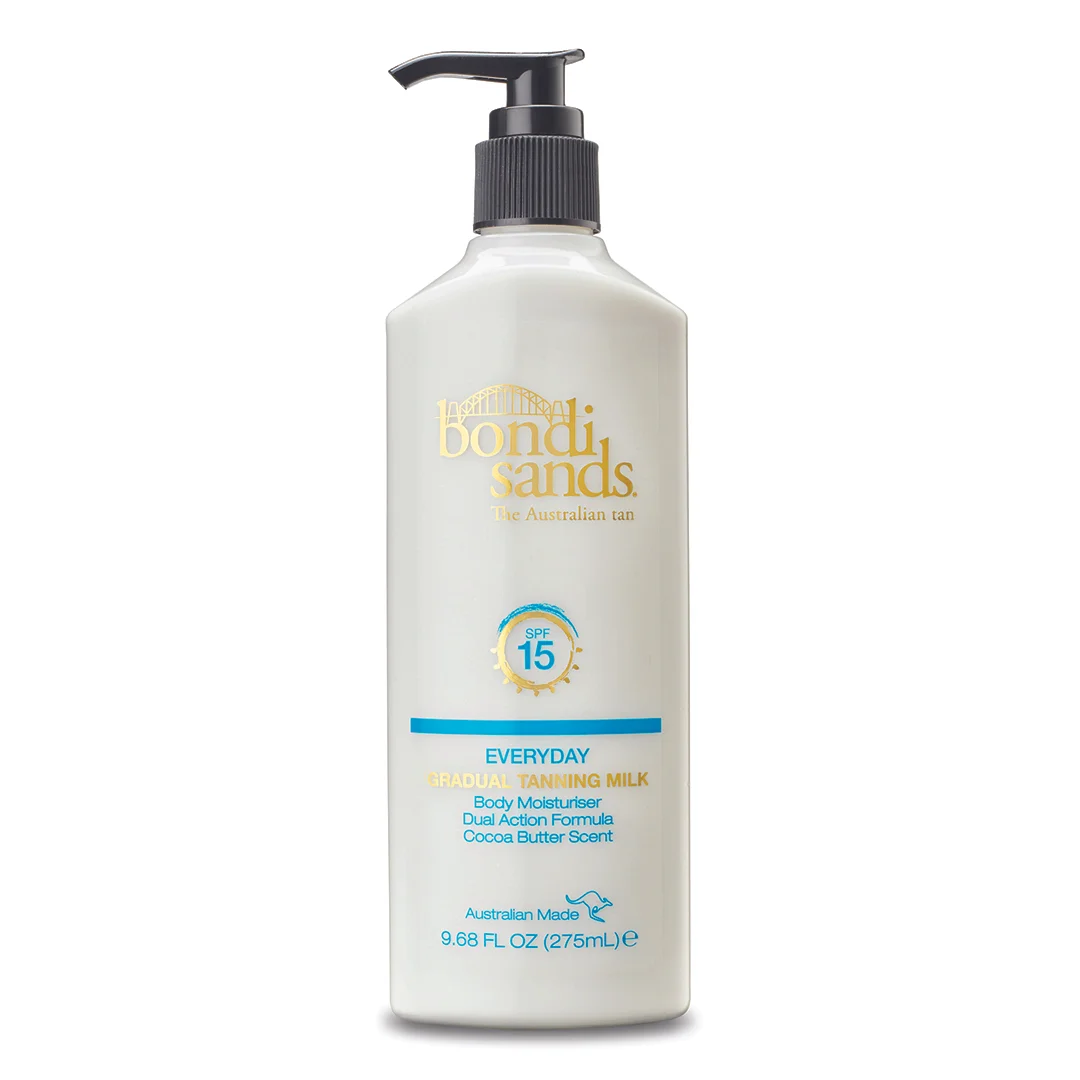 Bondi sands gradual tanning milk in white bottle with gold writing and brown lid 