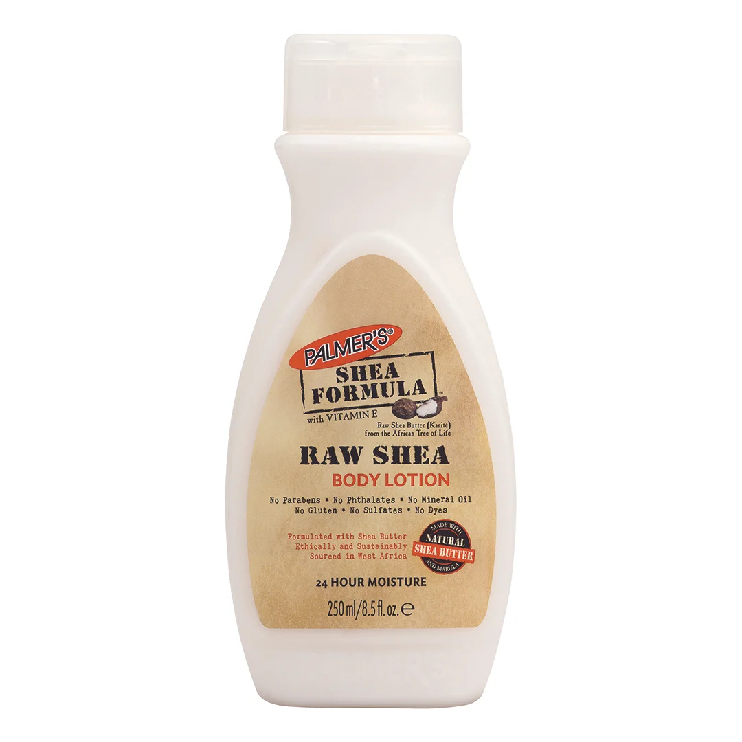 Palmers shea formula raw shea body lotion in white bottle with brown sticker and writing on it 
