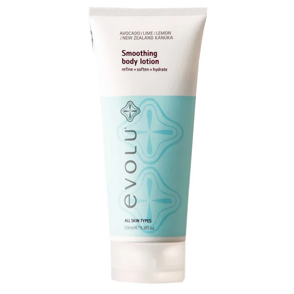 Evolu Smoothing Body Loiton in white and blue bottle