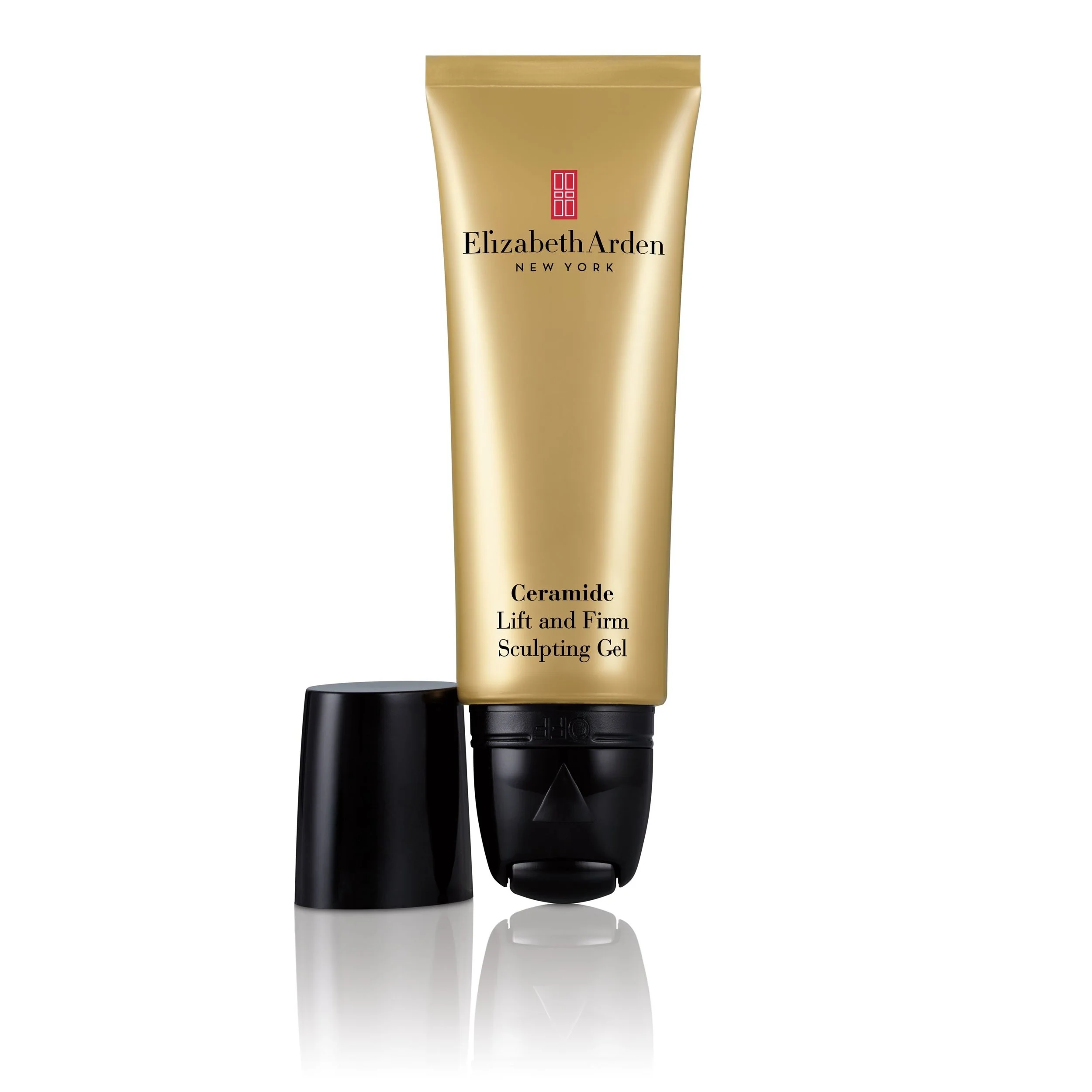 Elizabeth Arden Ceramide Lift and Firm Sculpting Gel in a gold and black bottle