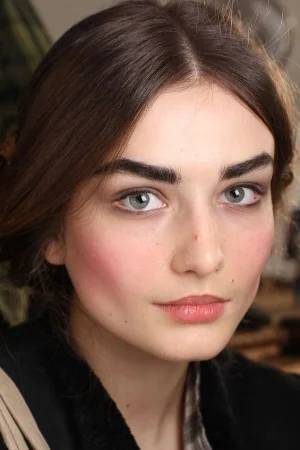 brunette model with rosey cheeks and dark eyebrows