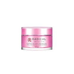 Radical express delivery enzyme peel. Grey and red writing across the hot pink bottle 