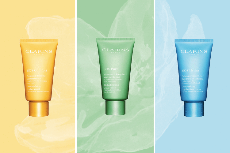 Three different Clarins SOS masks lined up next to each other. A yellow, green and blue one with their relative coloured backgrounds behind them 