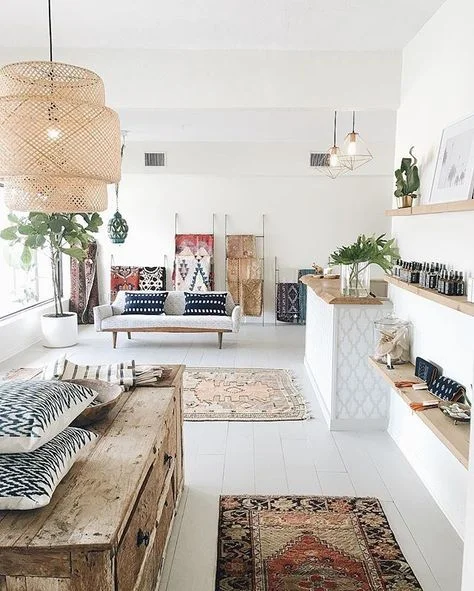 Modern white room with rugs