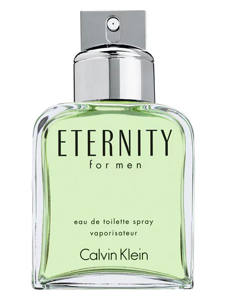 Clear fragrance bottle showing light green liquid and black label eternity for men Calvin Klein
