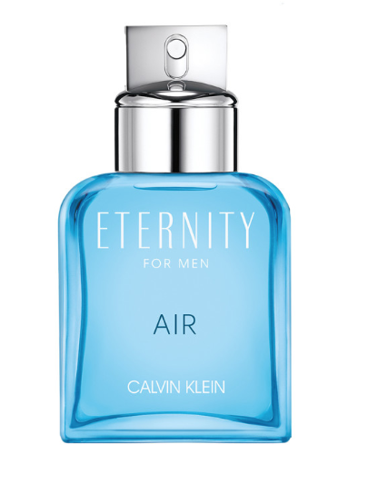 Ocean blue coloured fragrance bottle with silver cap and lettering Eternity for Men Air Calvin Klein