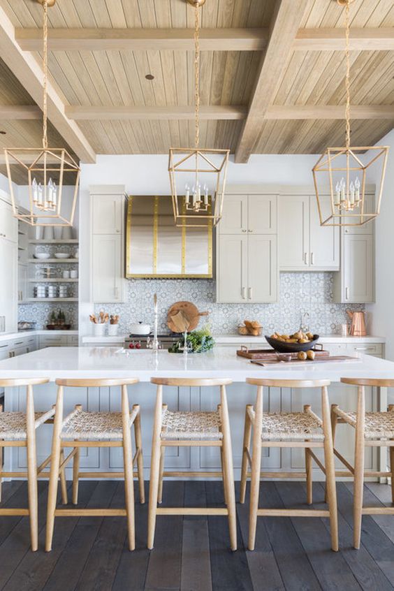 Modern white kitchen with wooden ceiling 