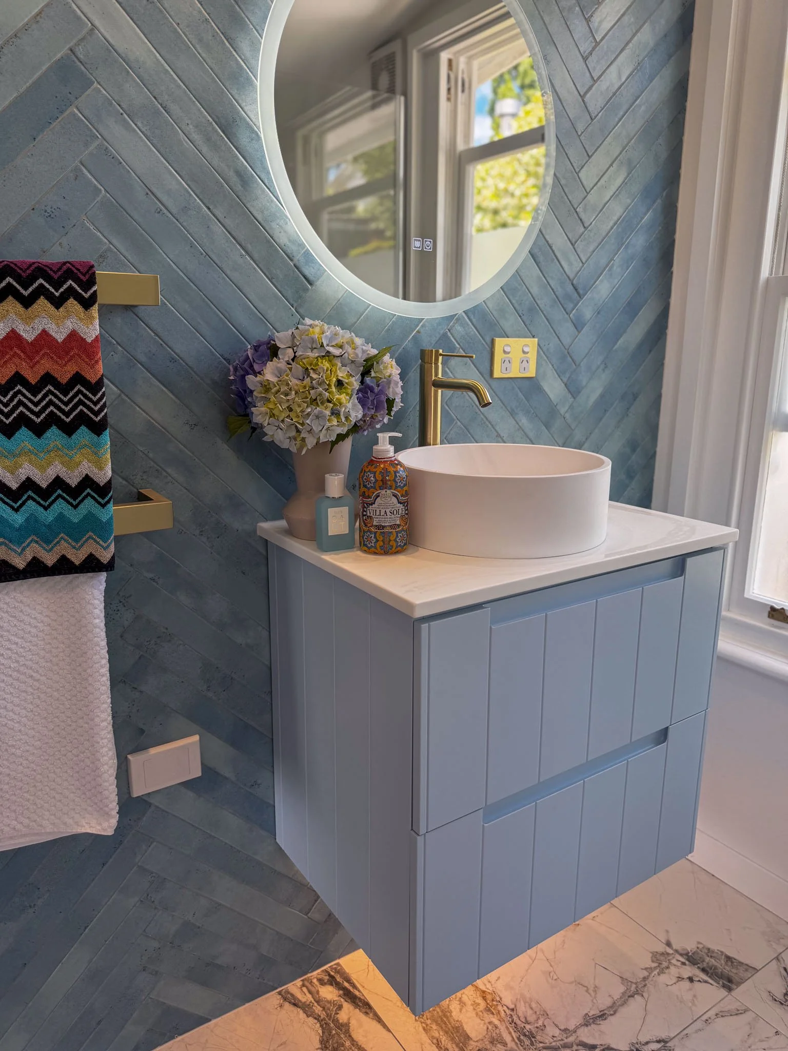 Custom bathroom vanity in Resene Comfortably Numb