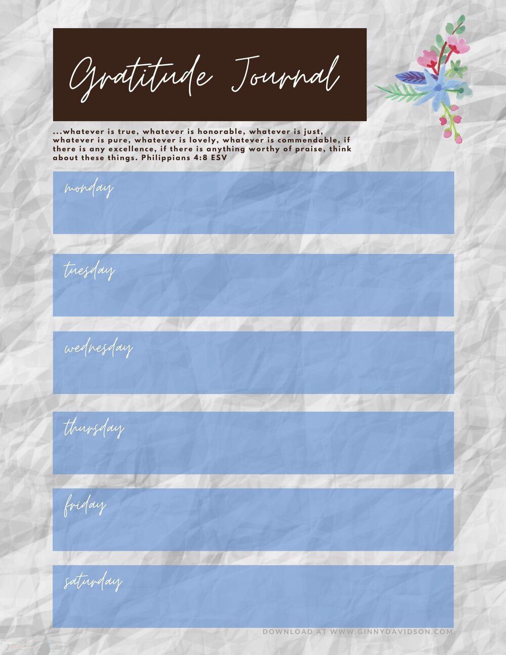 Weekly Gratitude Journal Sheet Download Adults