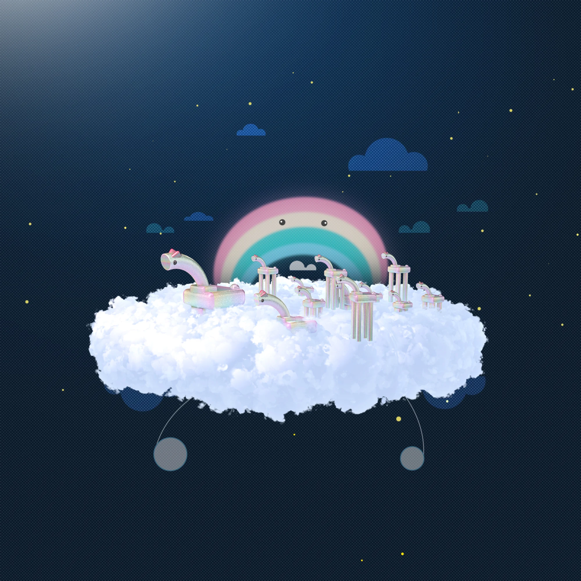 Horses in the cloud with their rainbow daddy