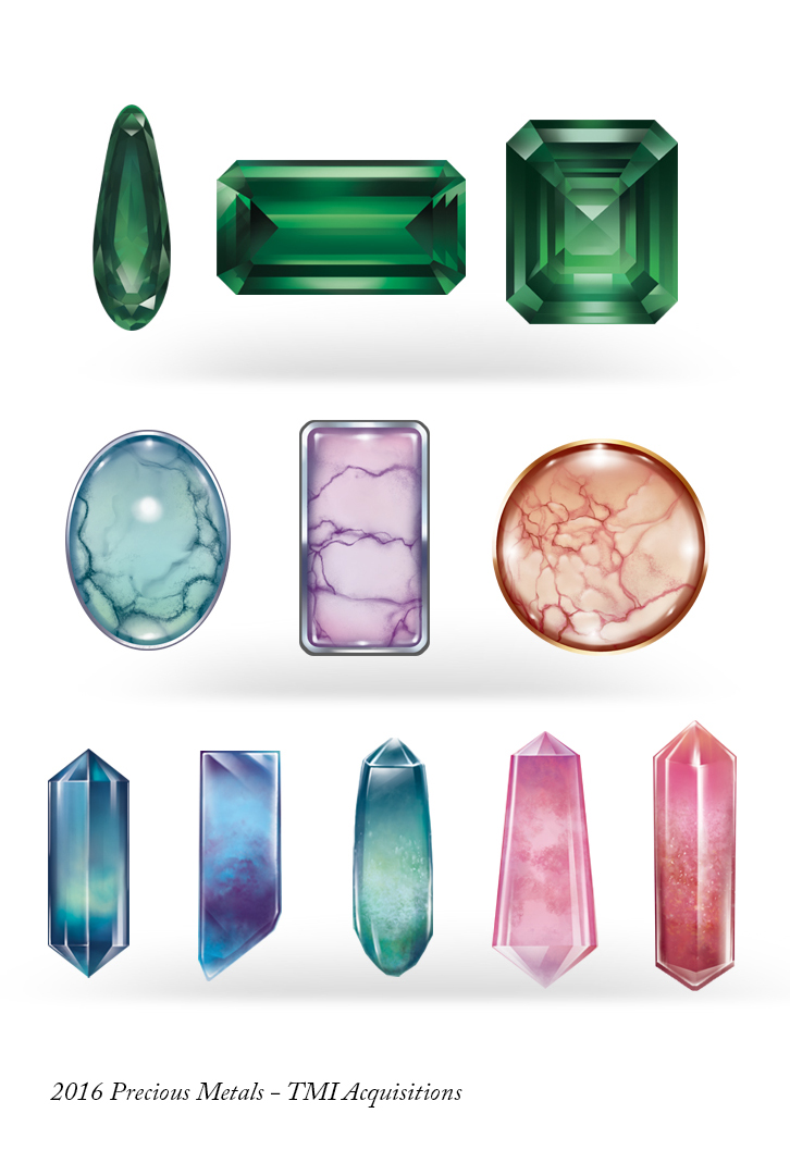 This line of temporary tattoos was very fun and educational for me. I had to study each type of gem and then figure out a way to get consistent results. This is for a temporary tattoo line called Precious Metals and is meant to be used with necklace temporary tattoos to mimic realistic jewelry. I can't wait to see this in public...