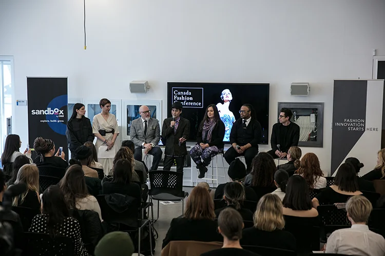 From Left to Right: Canada Fashion Conference Managers, Kelsi Gayda and Lindsay Romoff, Executive Directors of Canada Fashion Group, Roger Gingerich and Jeff Rustia, Fashion Designers Lesley Hampton and Rhowan James