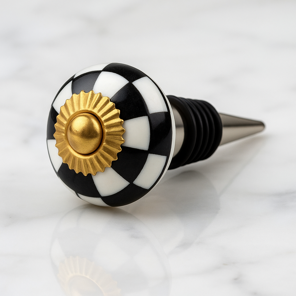 Vinotopia-Wine-Bottlestopper-Blackandwhitecheckerswithgold-ceramic1.png