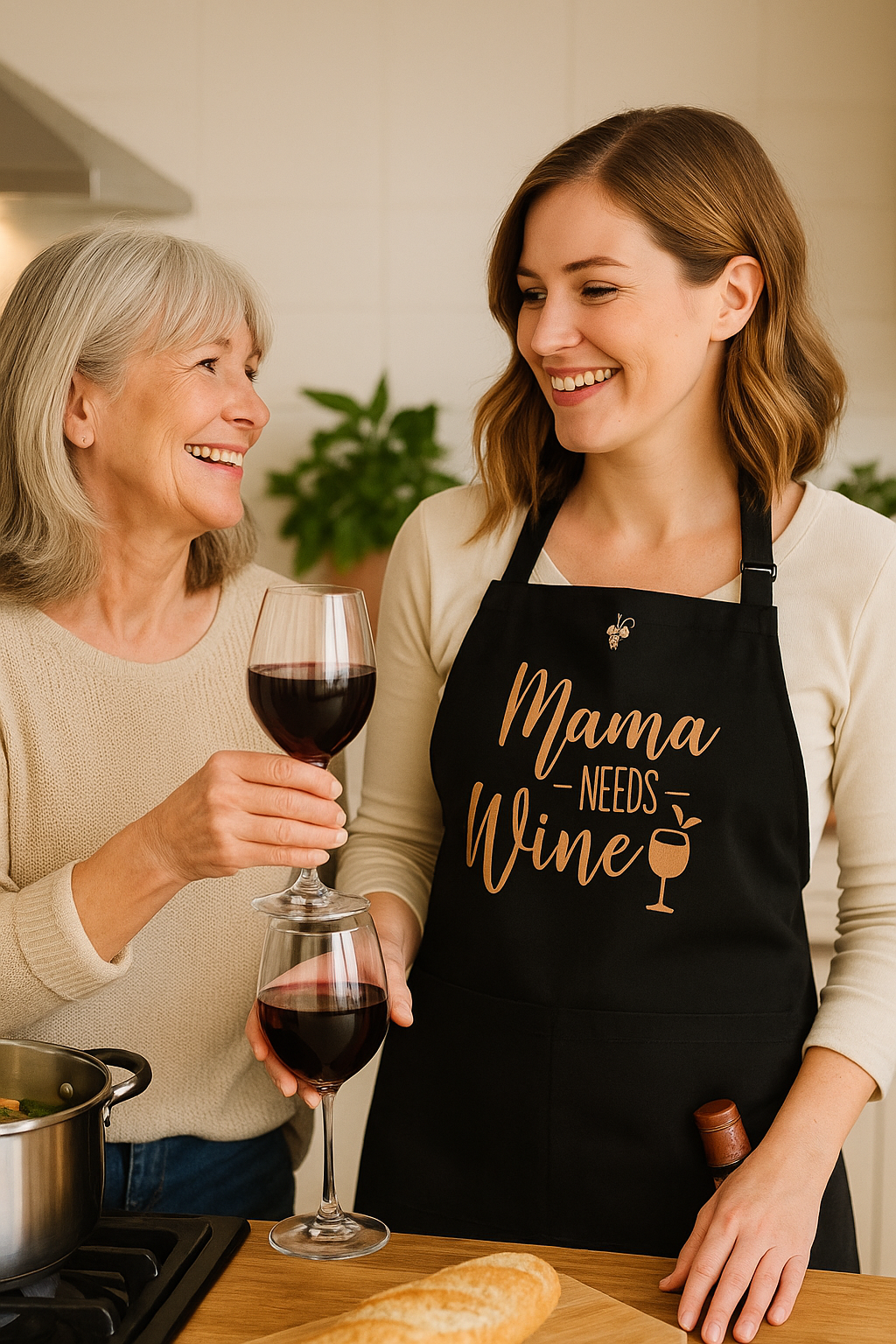 Two women clinking their wine glasses, younger woman is wearing Vinotopia apron with rose gold metallic print "Mama needs wine"