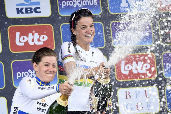 Lizzie Armitstead had better luck with her champagne bottle