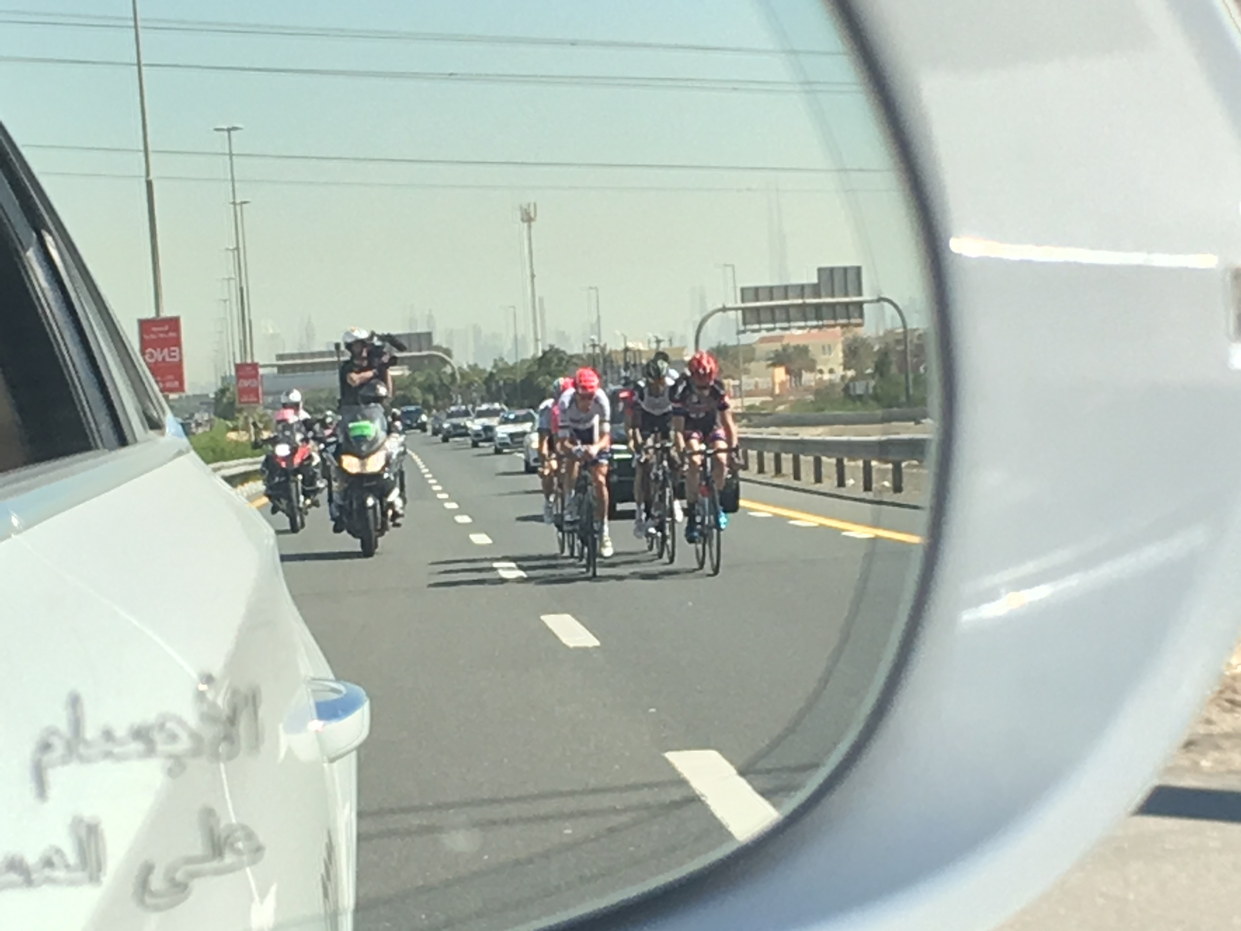 Vehicles accompanying a pro race can often outnumber riders themselves. There were no vehicle-rider incidents at the Dubai