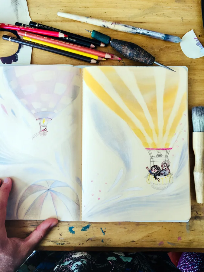 Gran and Ruthie over Niagara Falls, in my sketchbook