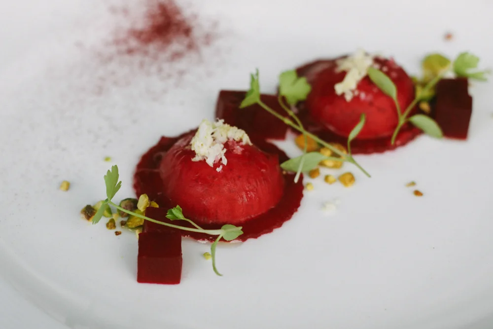 Ravioli of finely sliced picked beetroot