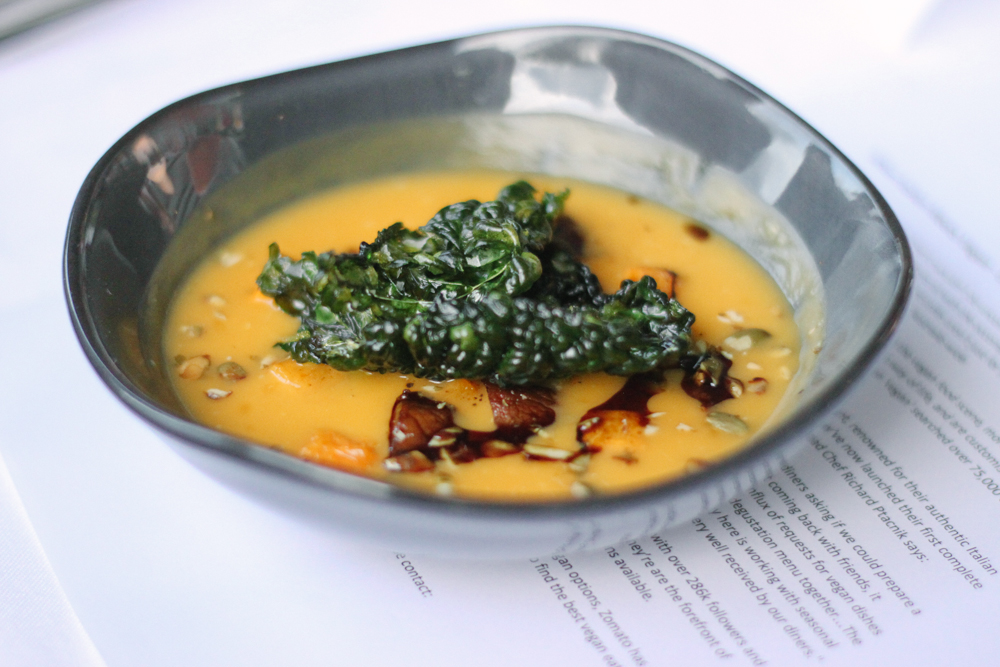 Roasted pumpkin soup, mushrooms, cavolo nero. 