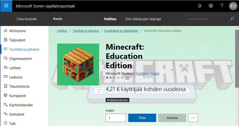 Täältä varmistamme, että meillä on käytettävissä Minecraft: Education Edition -lisenssejä. Kolmen pisteen kautta löytyy lisää valintoja konfigurointiin.