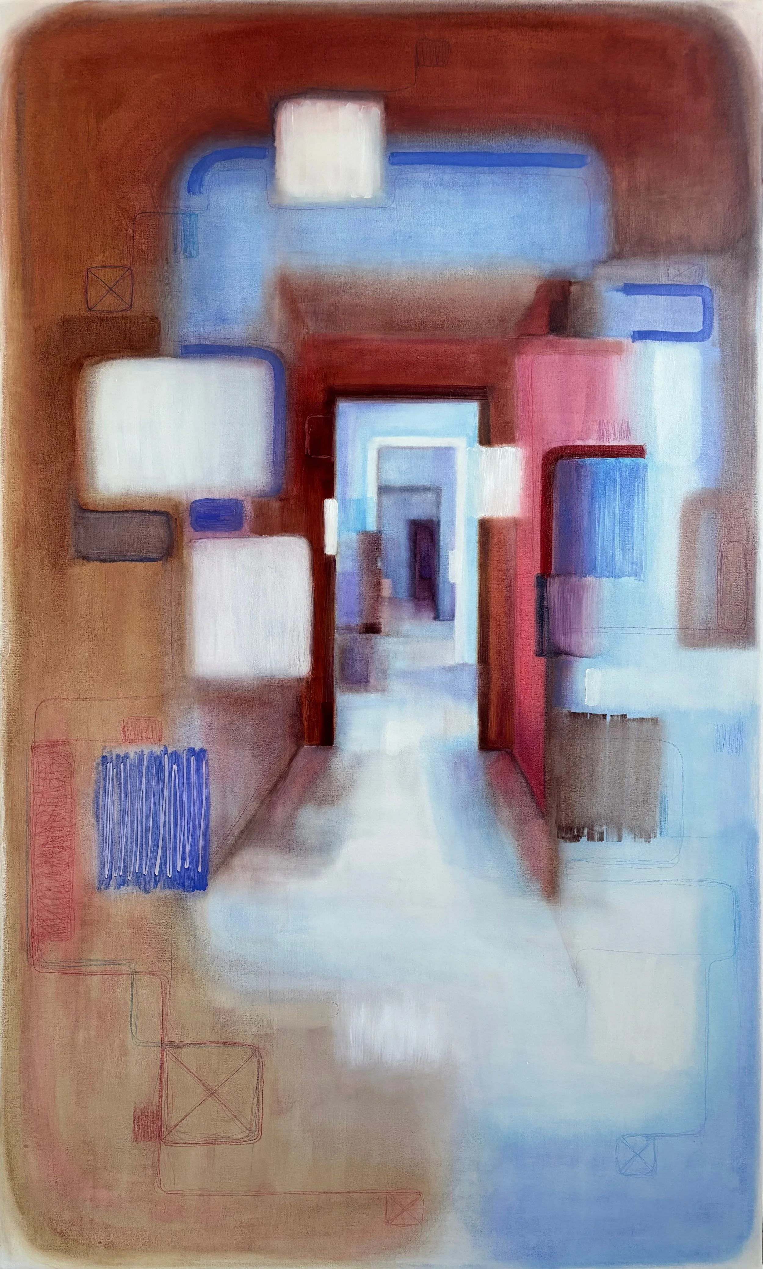 "Beyond Today"100 × 60 cm, oil and coloured pencils on canvas, 2025.