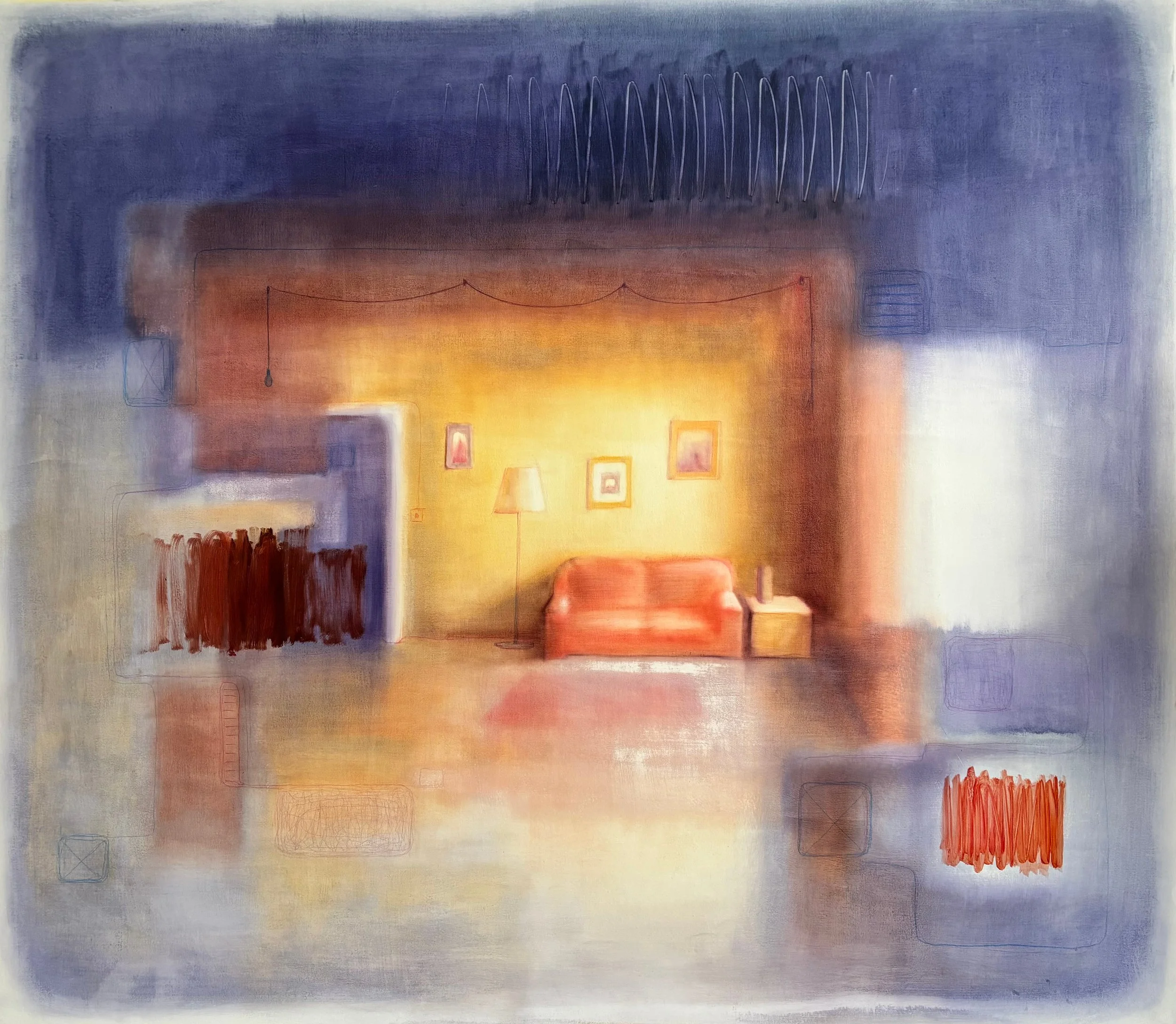 "Red Couch"80 × 90 cm, oil and coloured pencils on canvas, 2025.