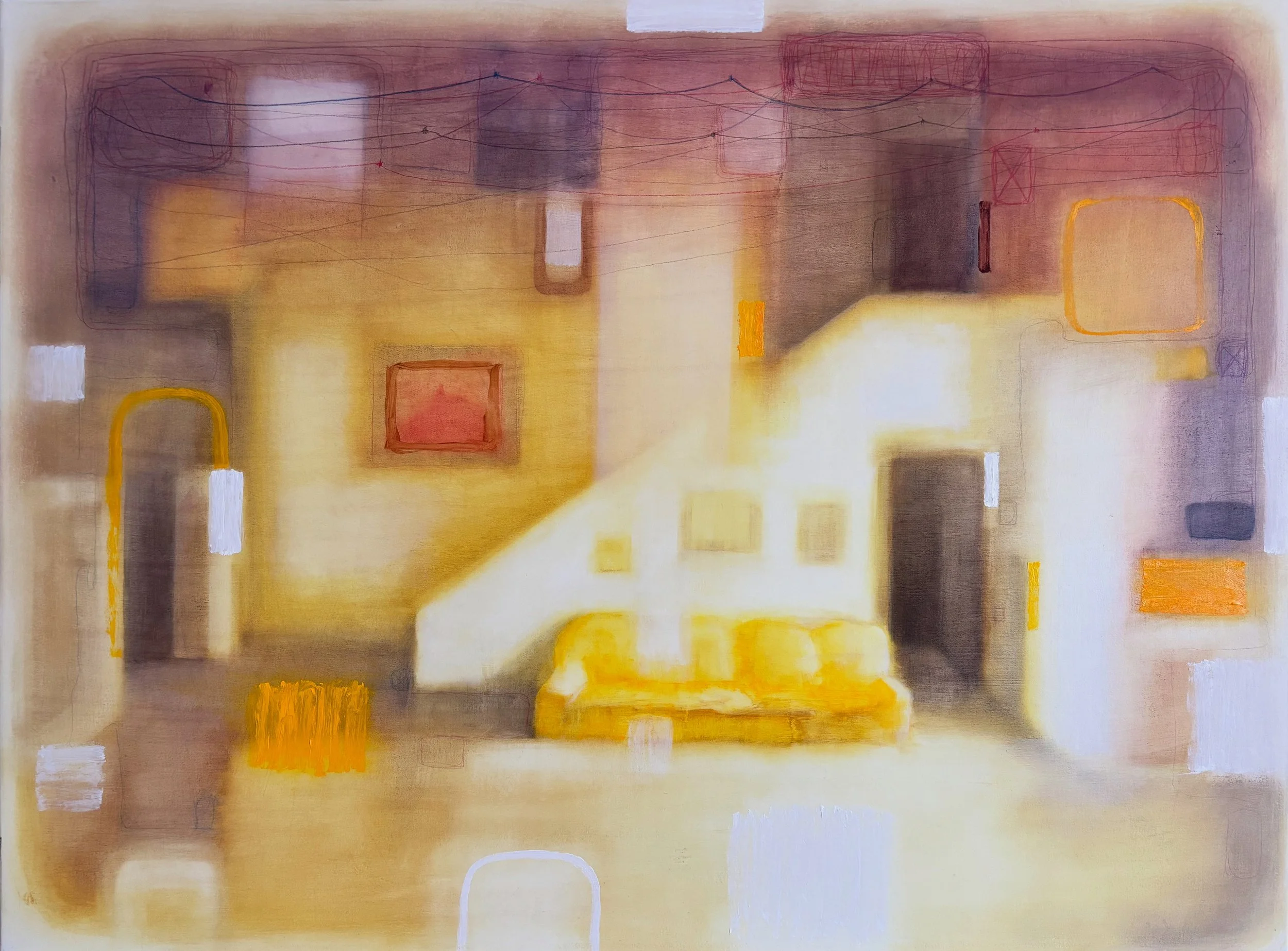 "Three Exits and a Window"60 × 80 cm, oil and coloured pencils on canvas, 2025.