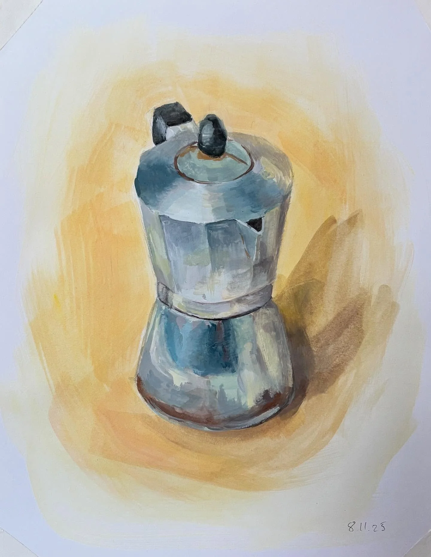 The task here, apart from the correct shape and colour, was to show the material of the object. The coffee maker is metallic, but doesn&rsquo;t have a glossy sheen, its reflectivity is subdued. I think the student did a great job at achieving this le