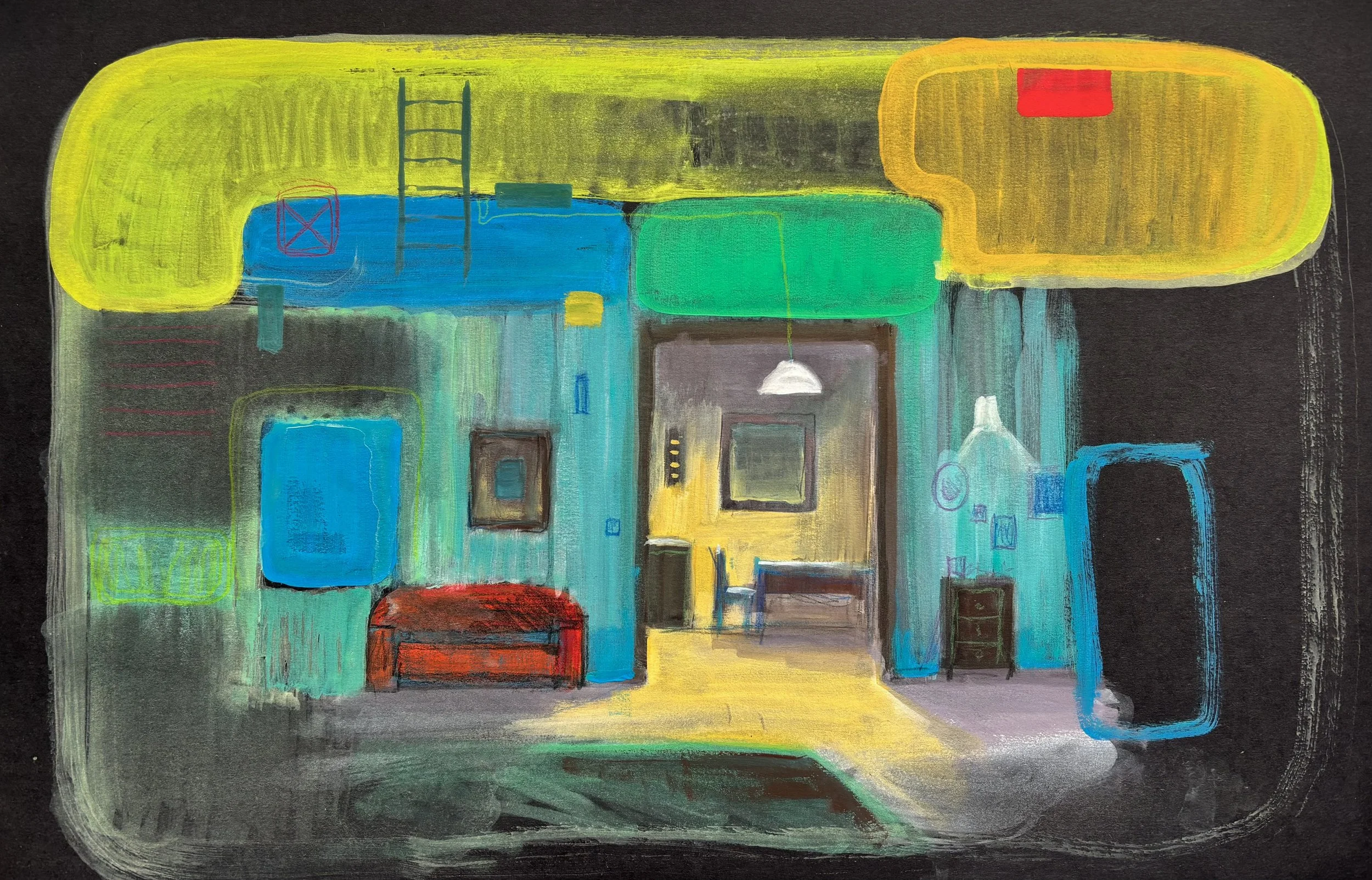 "Easy Living" 30 x 46 cm, gouache and coloured pencils on paper, 2025.