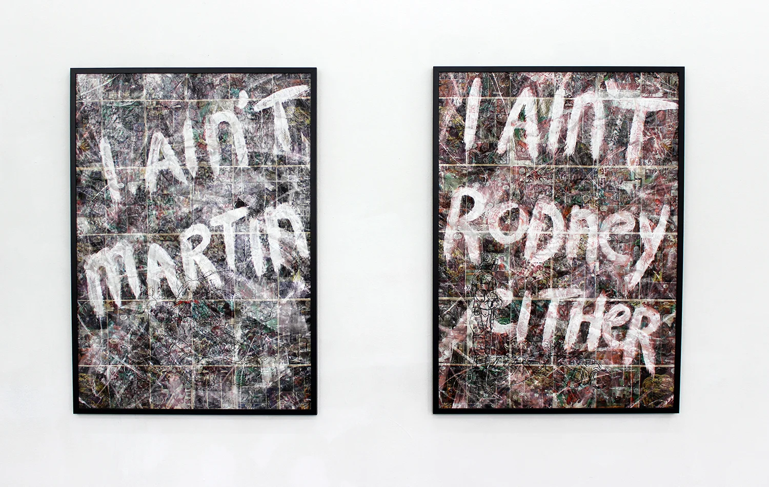 "Glory I" + "Glory II" (2018) Mixed media on comic book pages, woodblock print, acrylic, beeswax, resin 32 x 48 in each