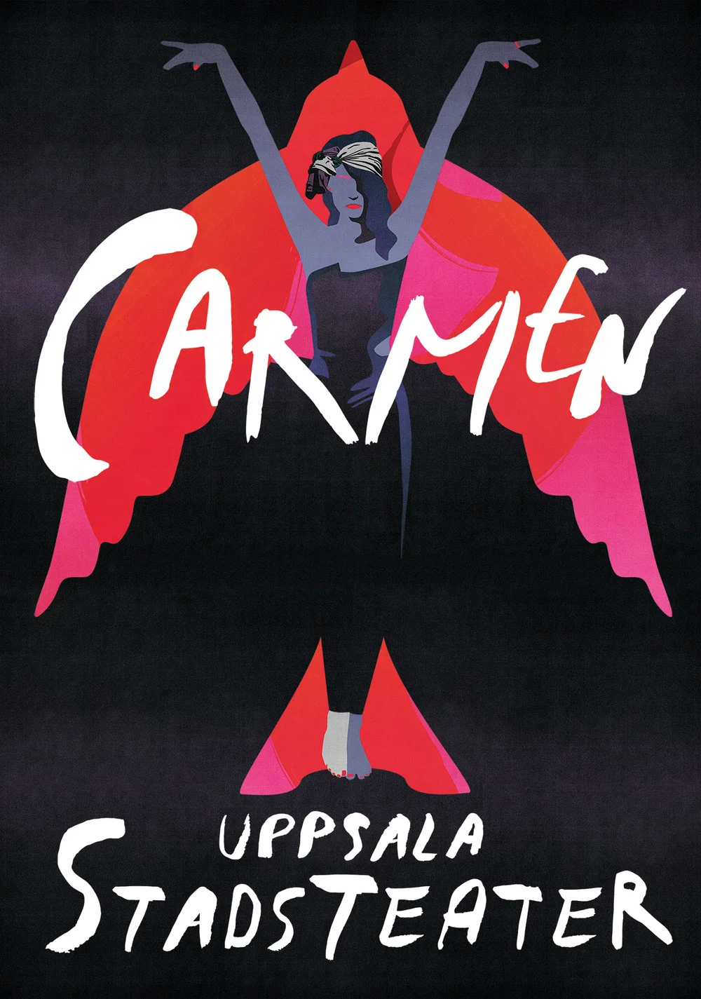 Poster design for a theatrical production featuring a stylized female figure with raised arms against a dark background.