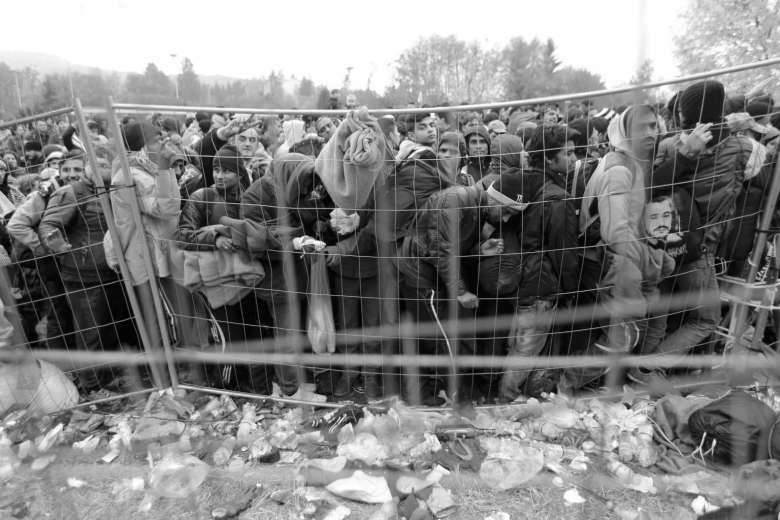 Migrants queue to cross the border in to Austria 