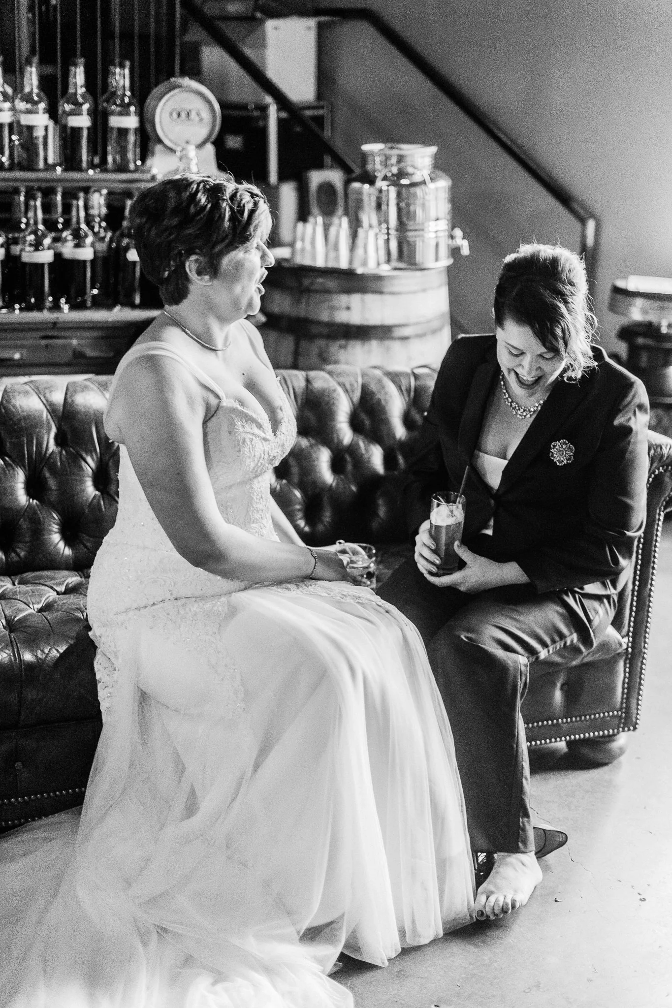 moment in time black white distillery bride portraits