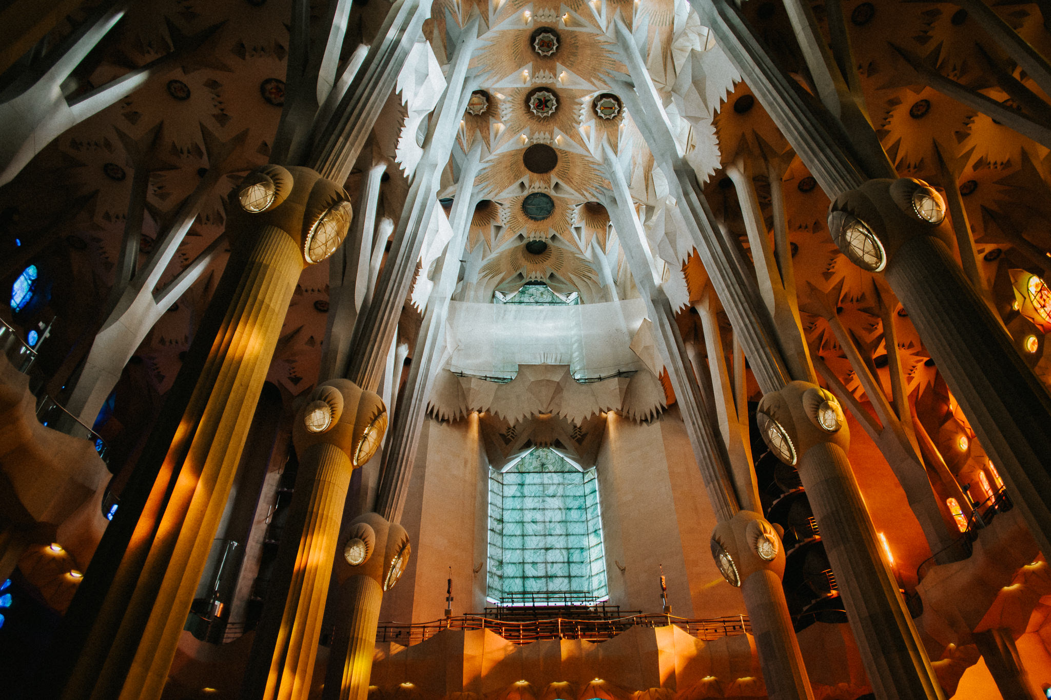 Sagrada Familia ceiling stained glass light back columns pillar