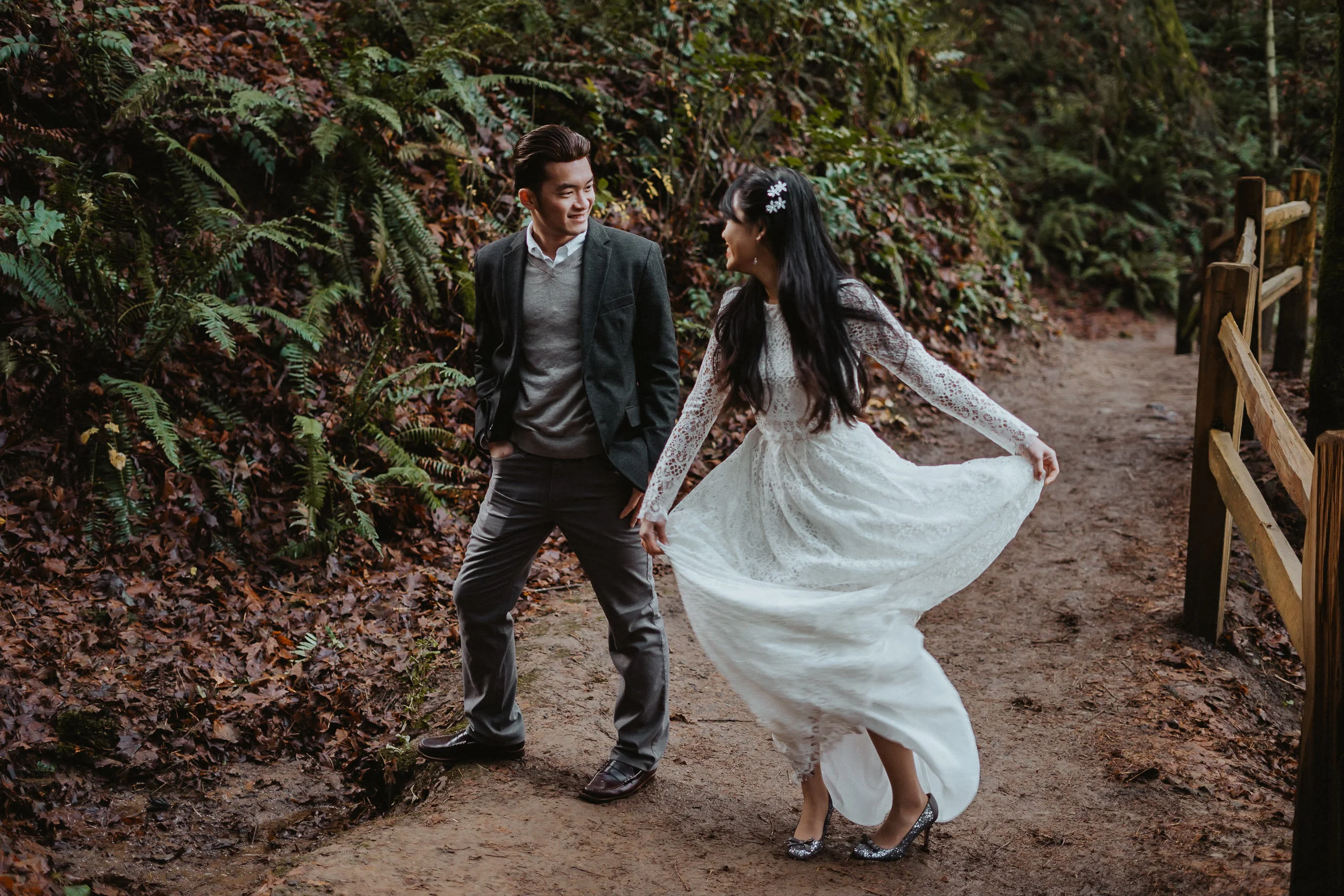 white dress twirl Portland engagement photographer