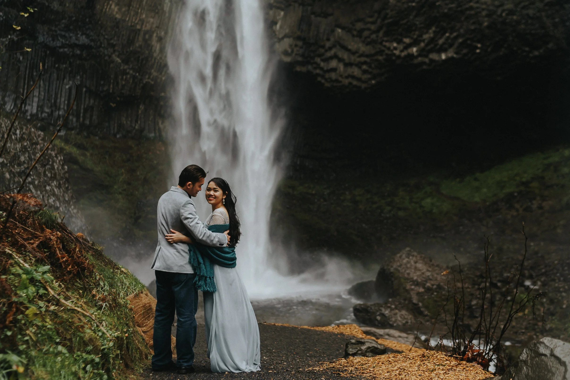 Latourell mood engagement waterfall Best Portland Photographer