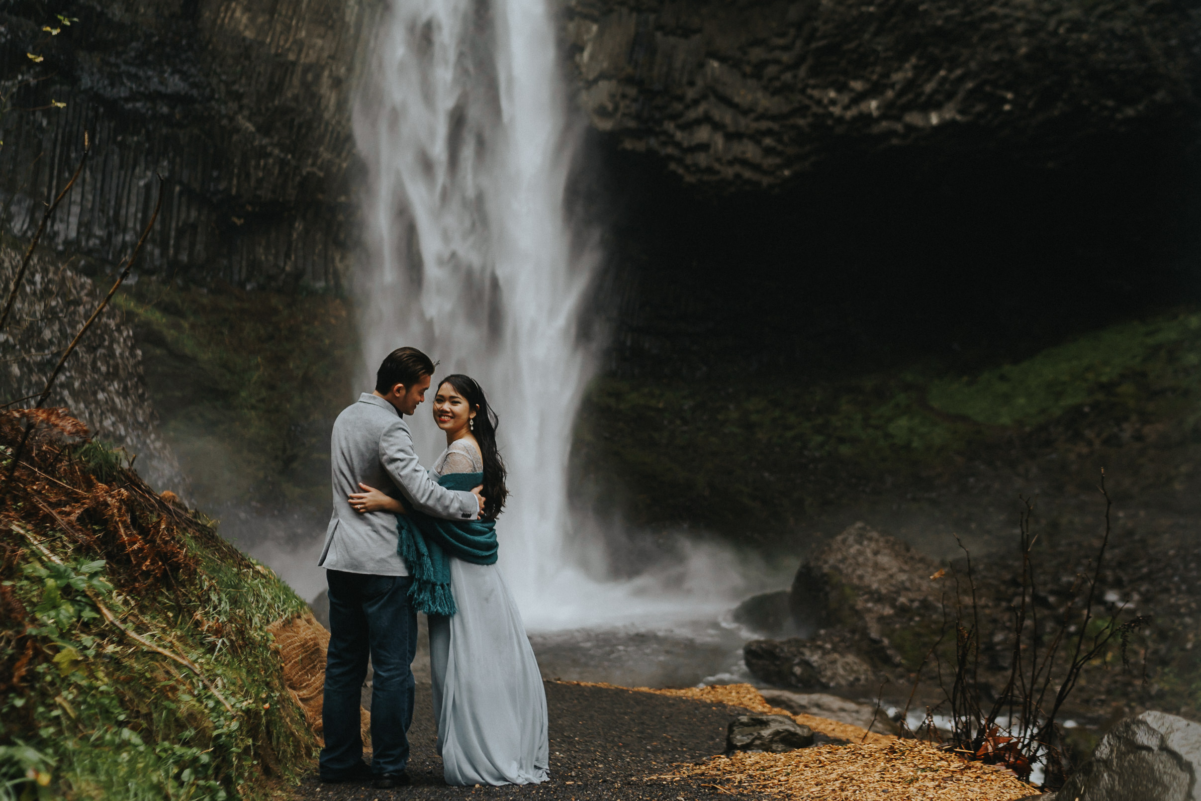 Latourell mood engagement waterfall Best Portland Photographer