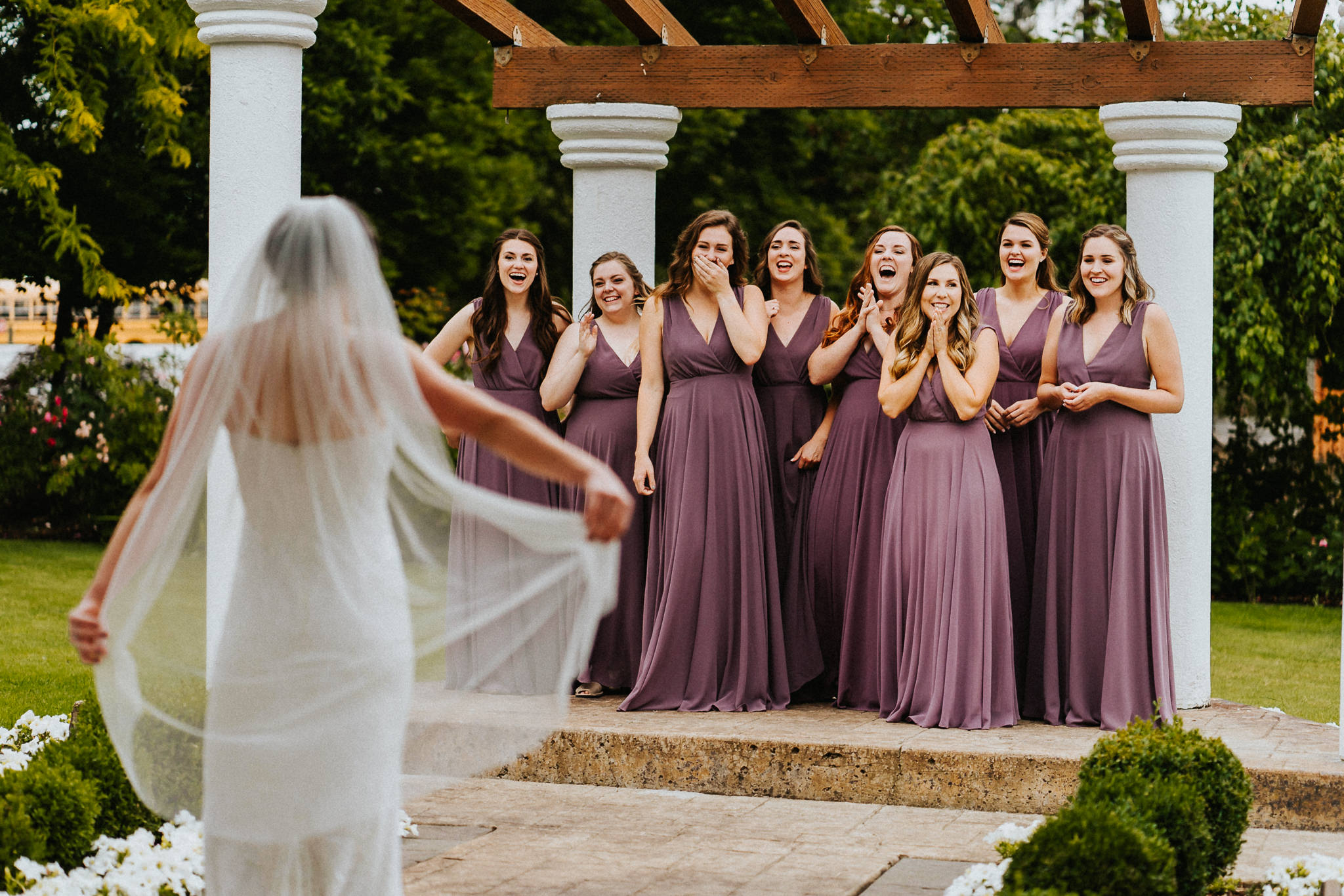 Bride Bridesmaid First Look Water Oasis Gazebo Purple Dress