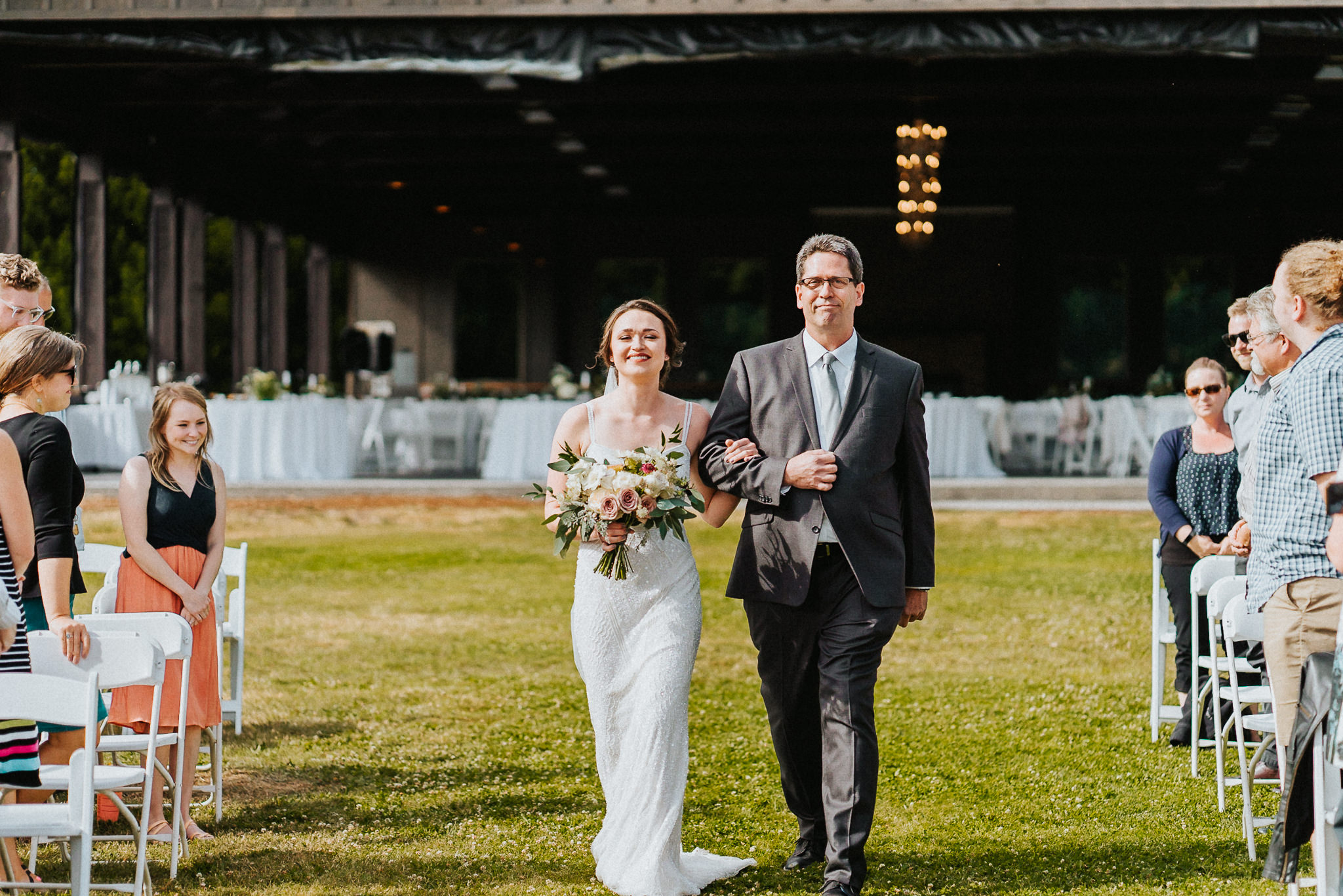 Bride Father walk down aisle smile bouquet Wedding Water Oasis