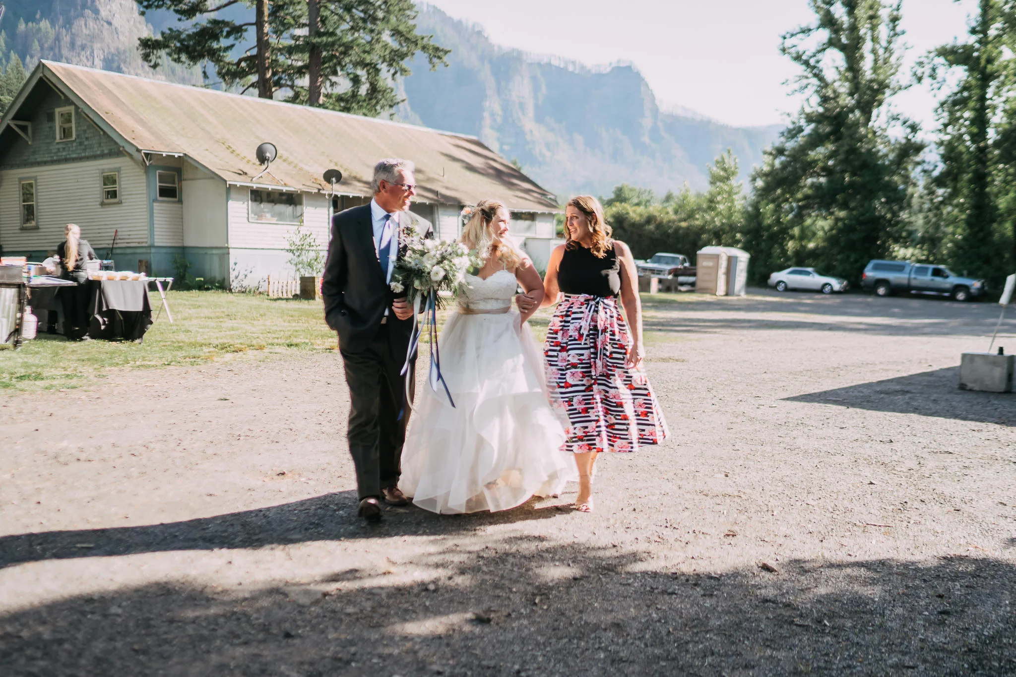 Father Mother walk parents' bride wedding Portland Fish hatchery