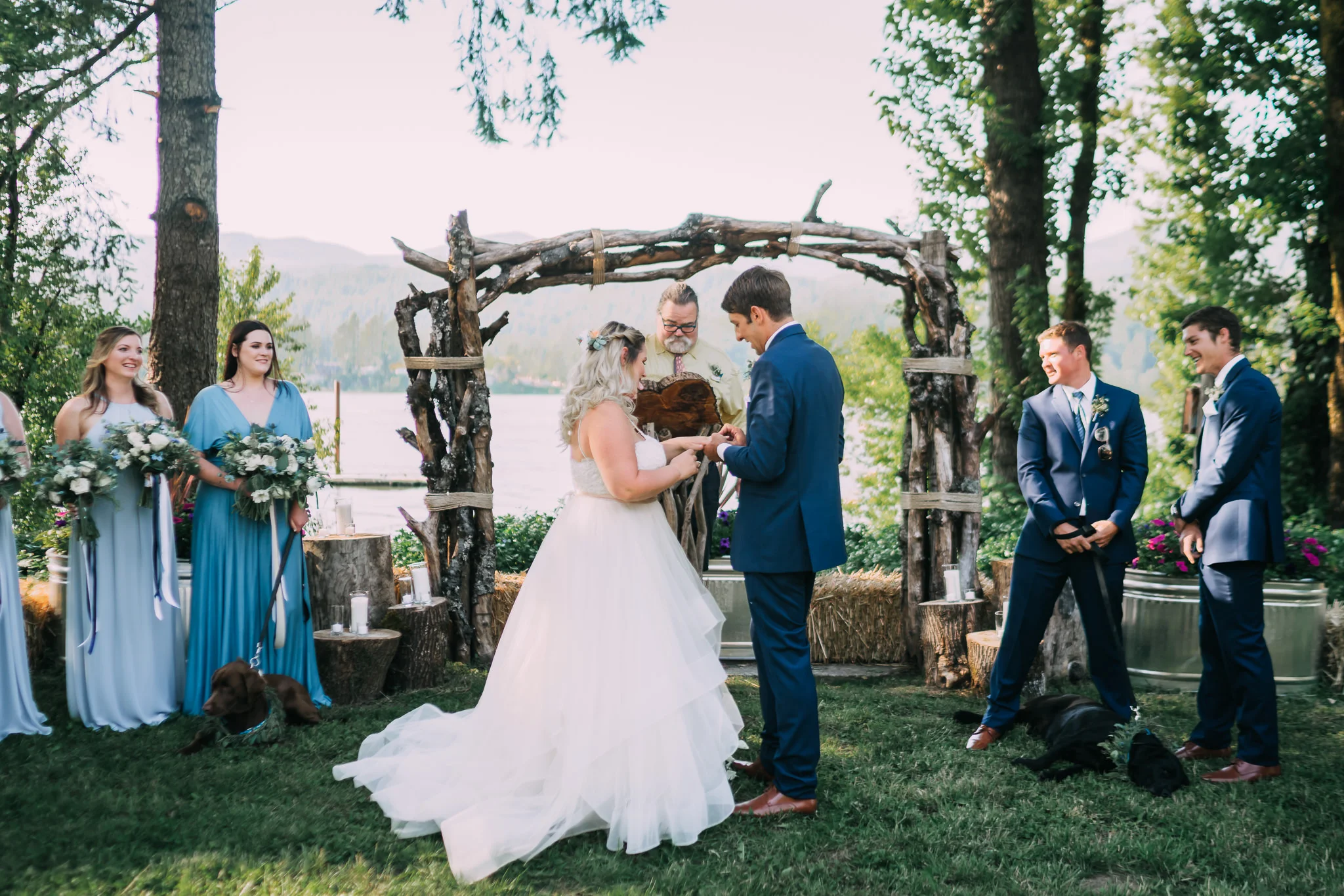Bride groom exchange rings ceremony Mt hood River Gorge Portland wedding photographer