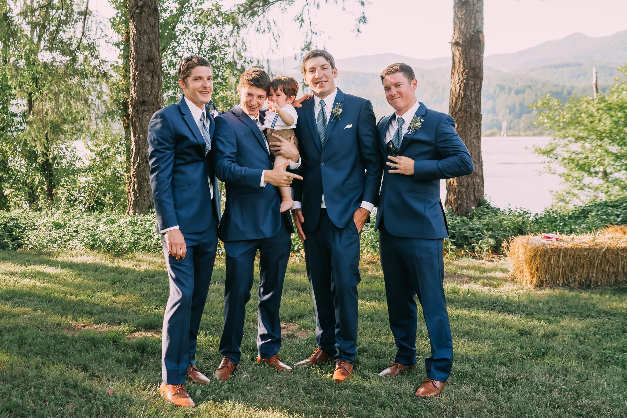 Groom group photo Groomsmen baby Wedding blue suits brown shoes leather