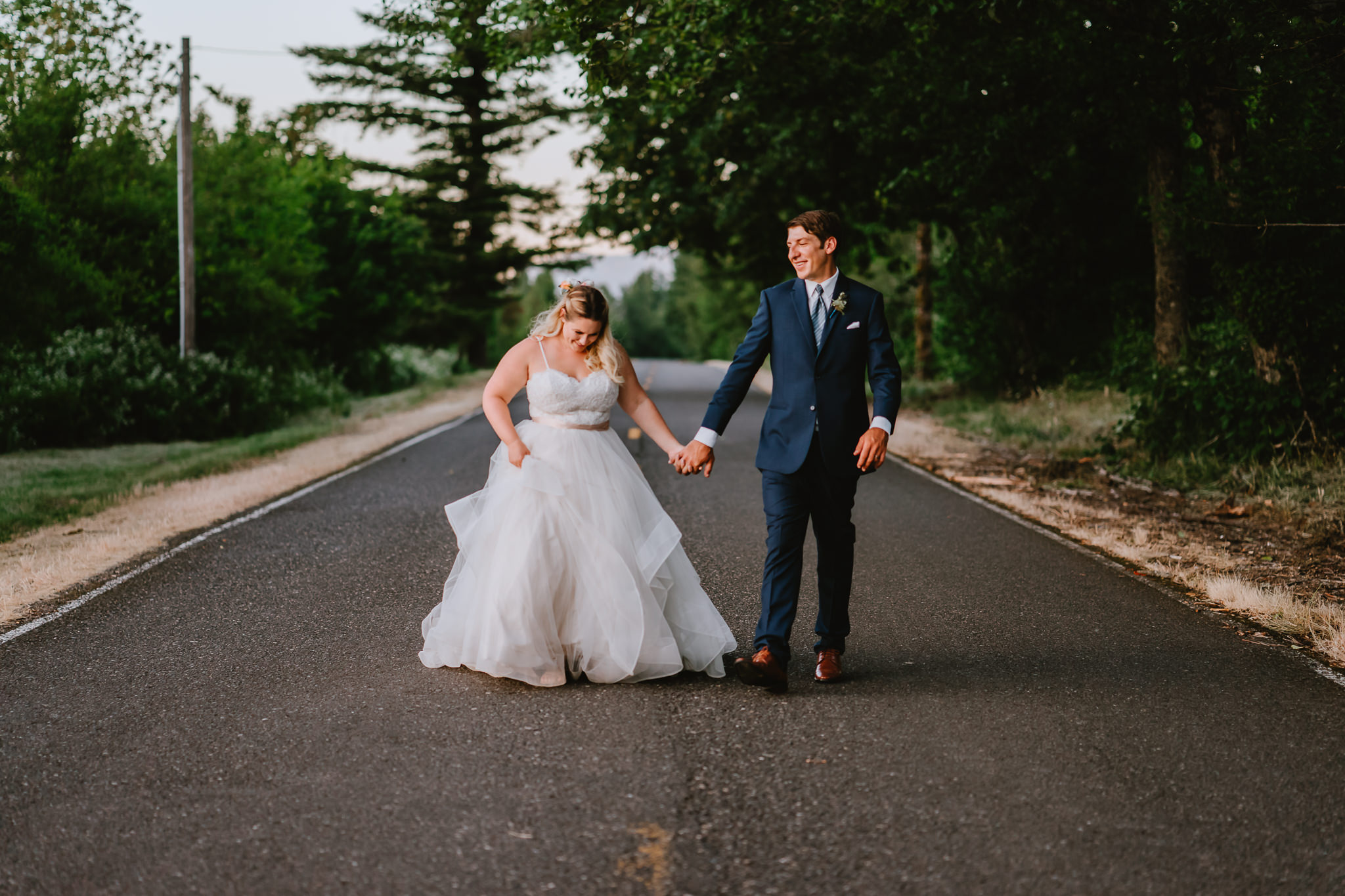 Hand in Hand Bride shy Groom smile Wedding Columbia River Gorge Sunset Cascade Locks