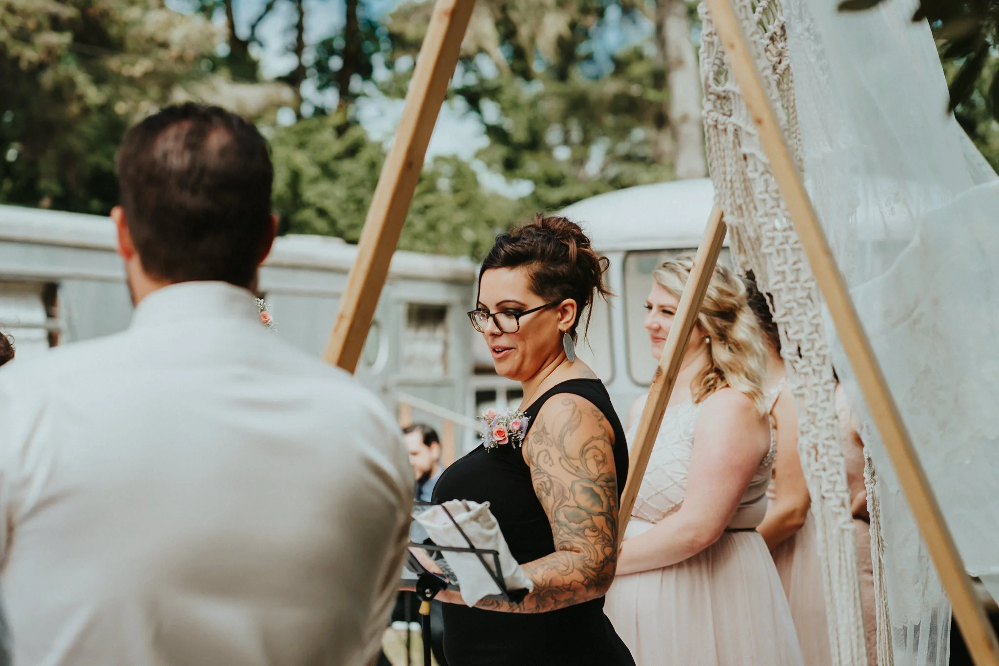 Alternative Officiant Wedding Arch Bohemian Macrame Sou'Wester Lodge Wedding