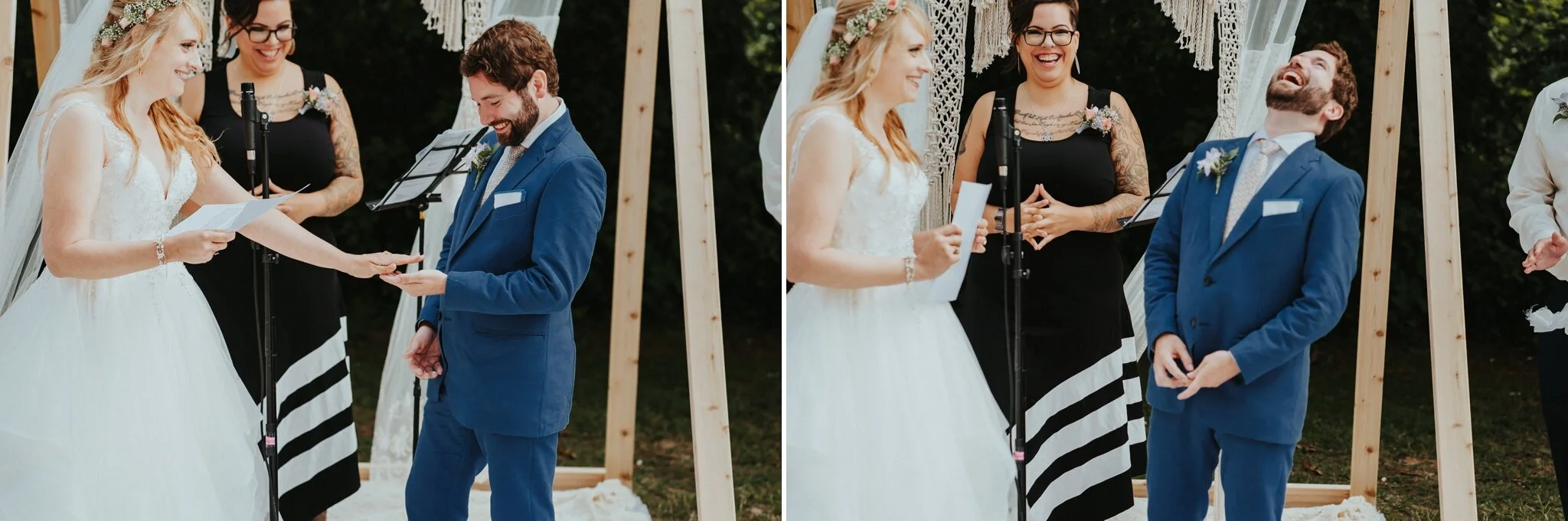 Bride groom altar wedding background macrame laughing Washington State photographer