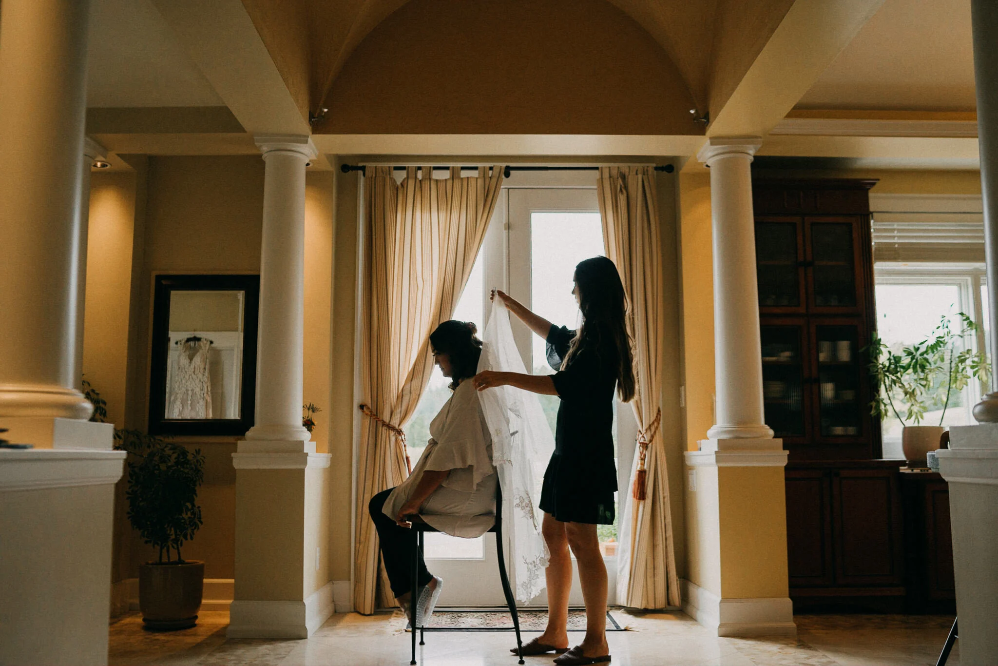Getting ready wedding dress veil Columbia Gorge wedding photographer