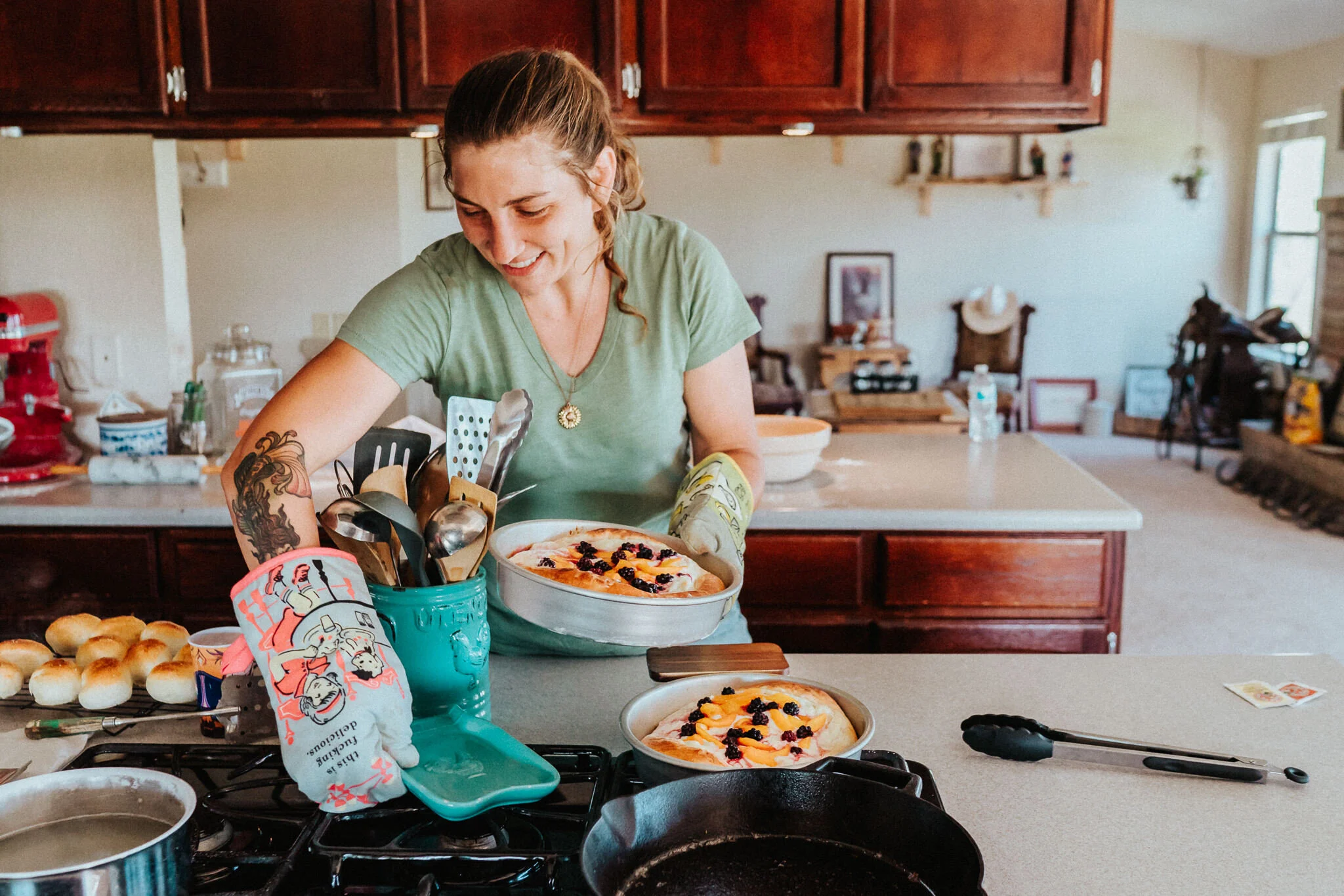 Baker cools the kuchen on the kitchen counter.