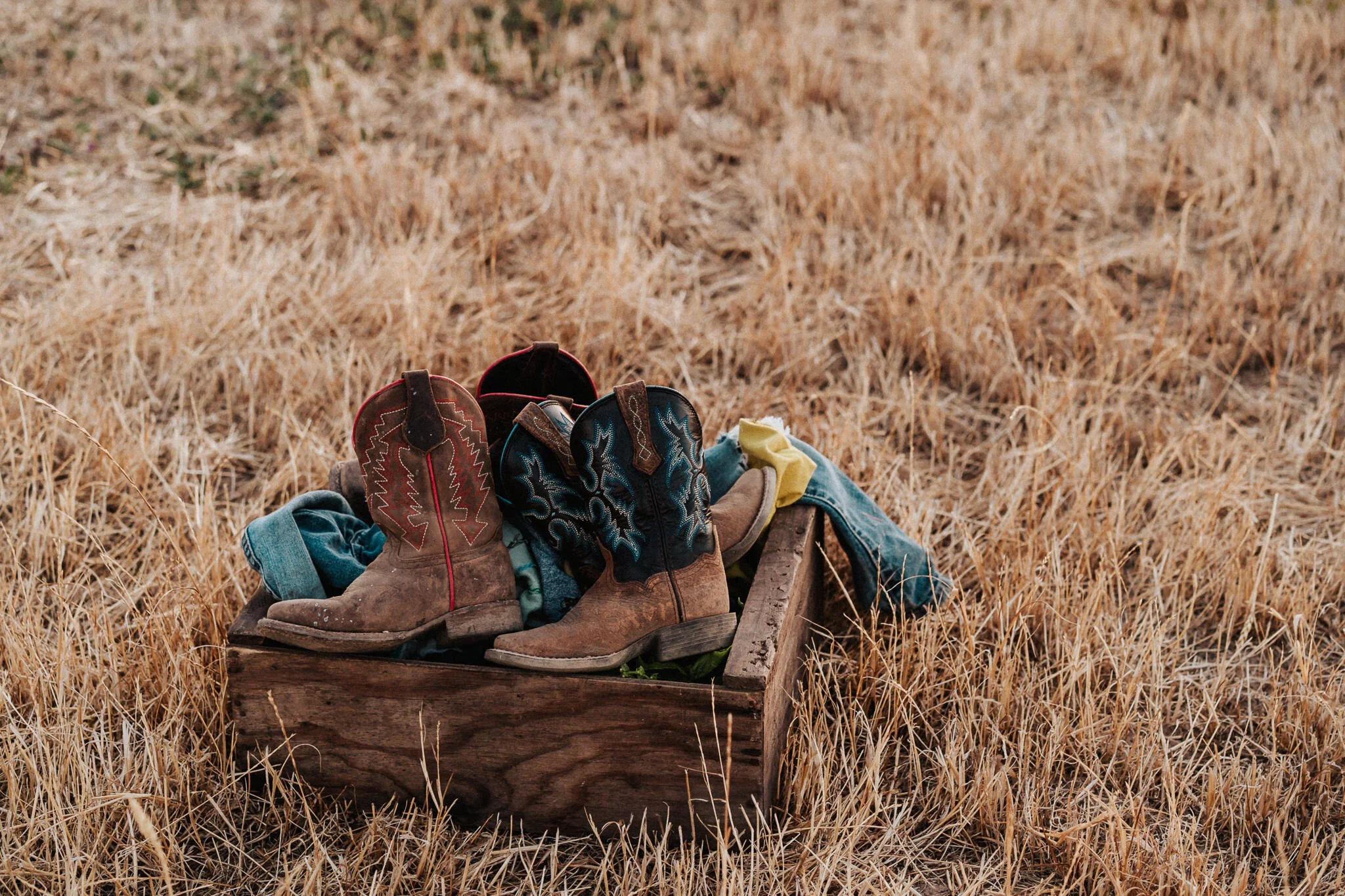 Cowboy boots and garden basket.