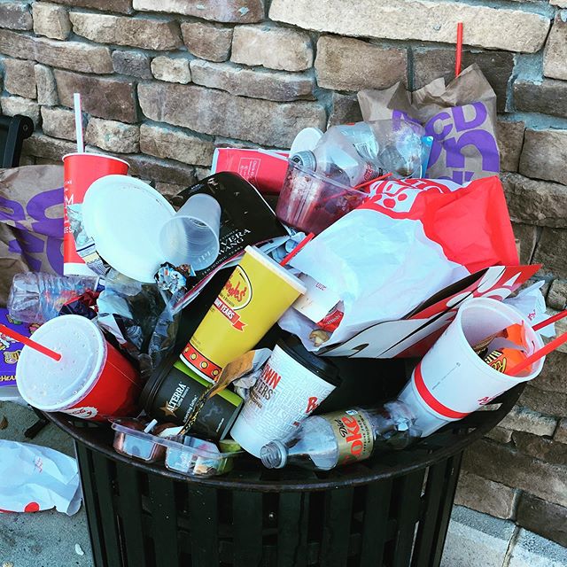 How many #singleuseplastic items can you find in this photo? just one trash can in one town and sadly all of this went to a landfill or worse became street litter. This #plasticfreejuly screen #strawsfilm in your town to raise awareness and make chan