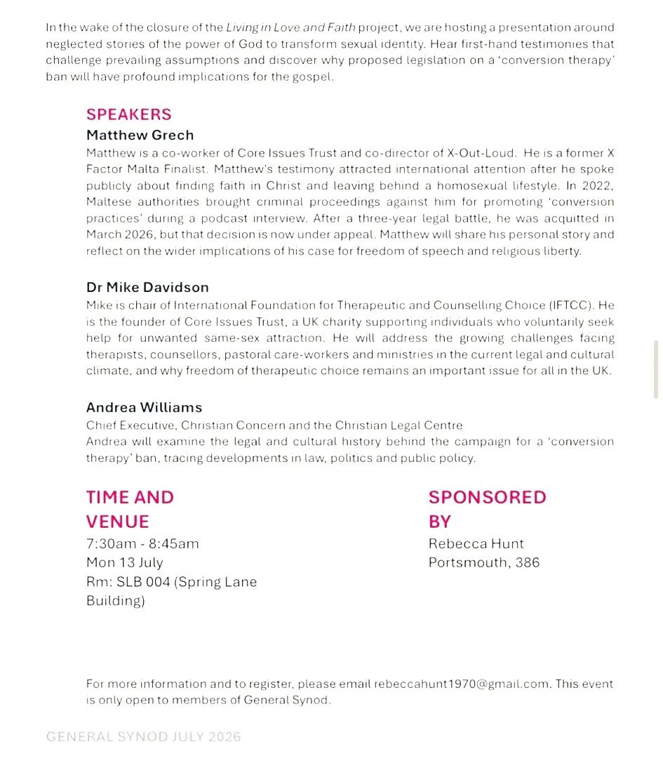 Letter to Archbishops objecting to Synod event in support of “Conversion Therapy”